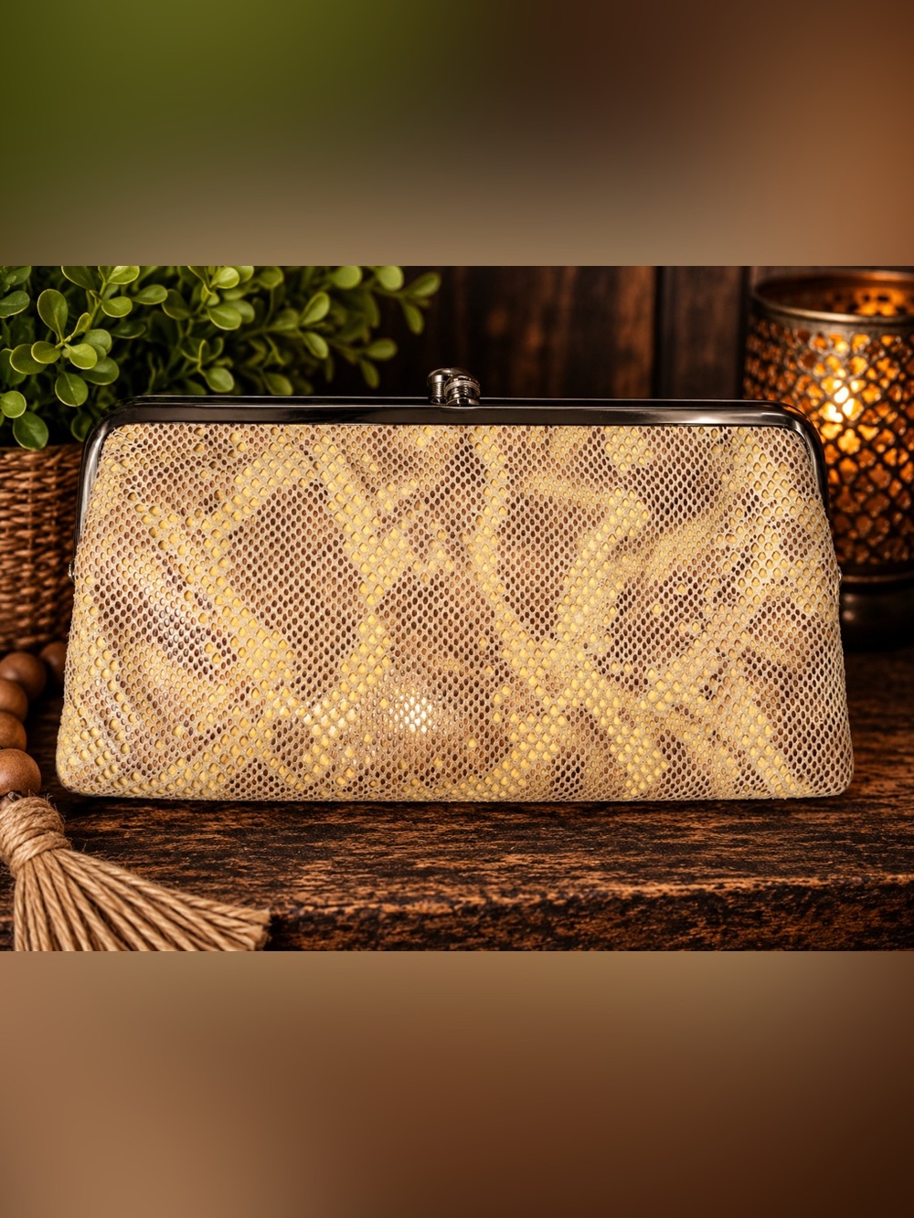 HOBO International Snakeskin Embossed Leather Kiss Lock Frame Clutch Wallet